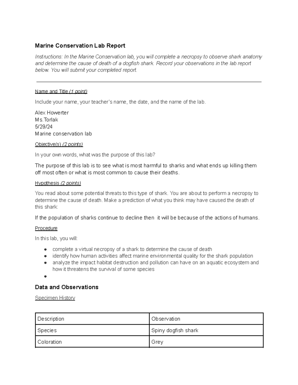6.01 marine scince - 6.01 - Marine Conservation Lab Report Instructions ...
