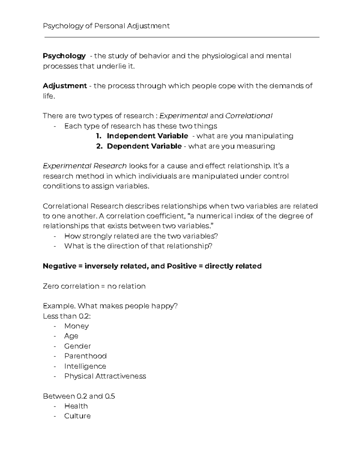 Foundations of Psychology Psychology of Personal Adjustment