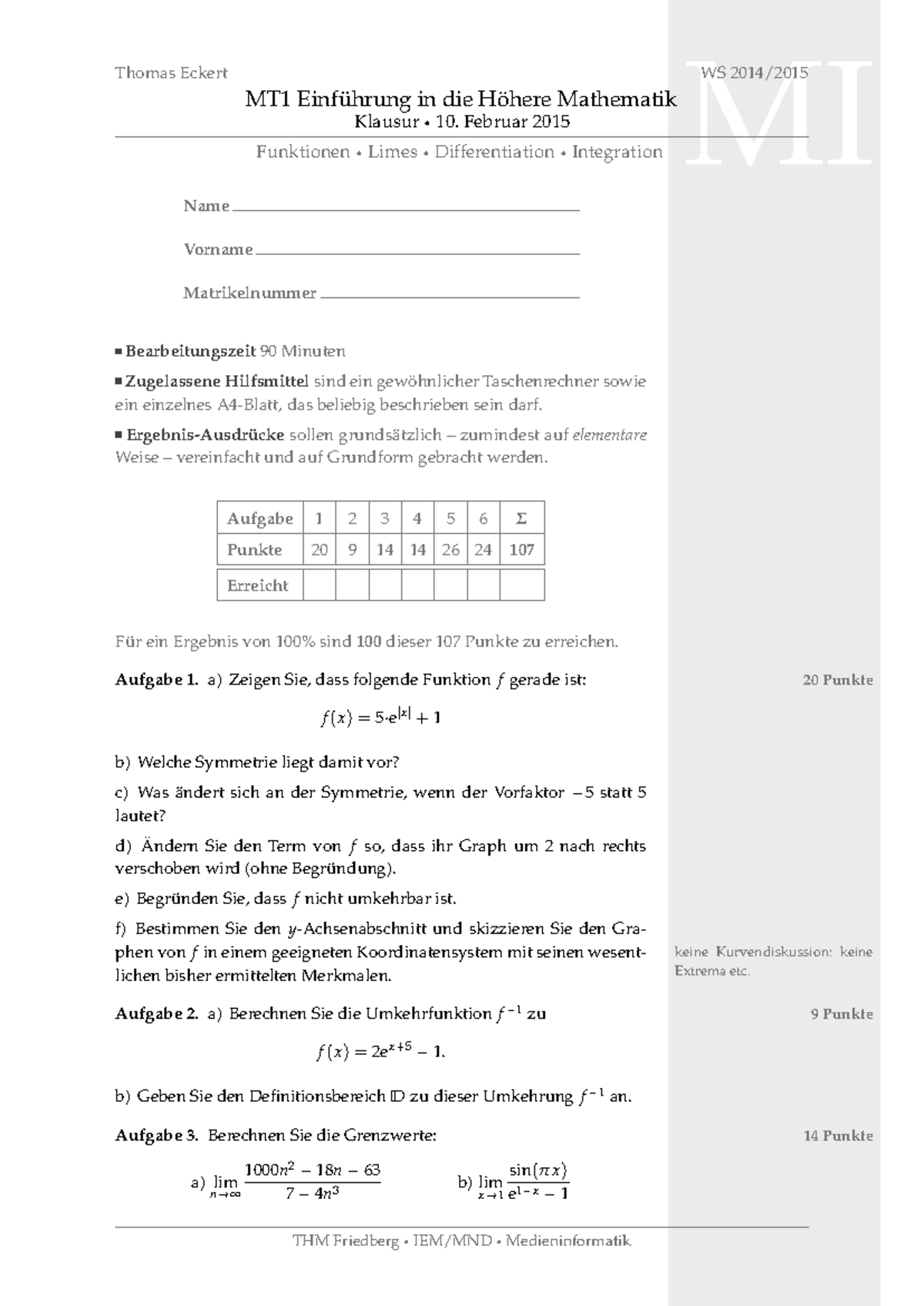 MT1-2014-Klausur 1 - Mathe Übungen und Altklausuren - MI Thomas Eckert