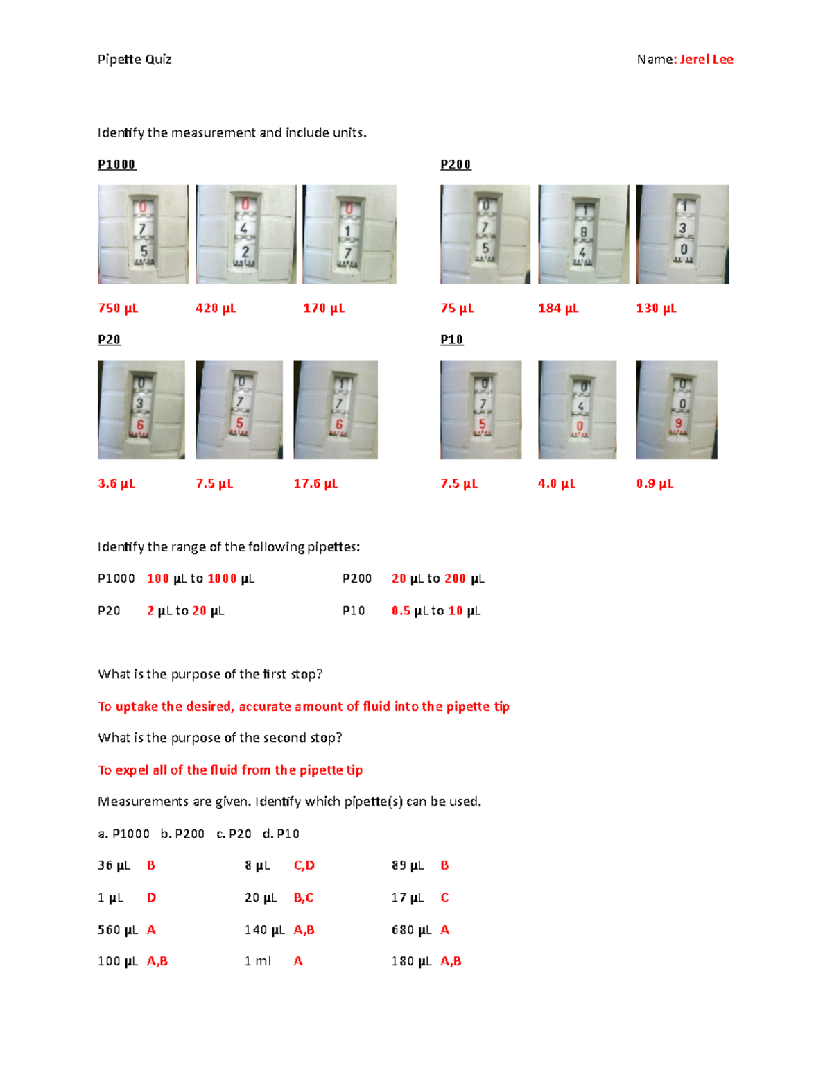 Answer key Pipette quiz Pipette Quiz Name Jerel Lee Identify the
