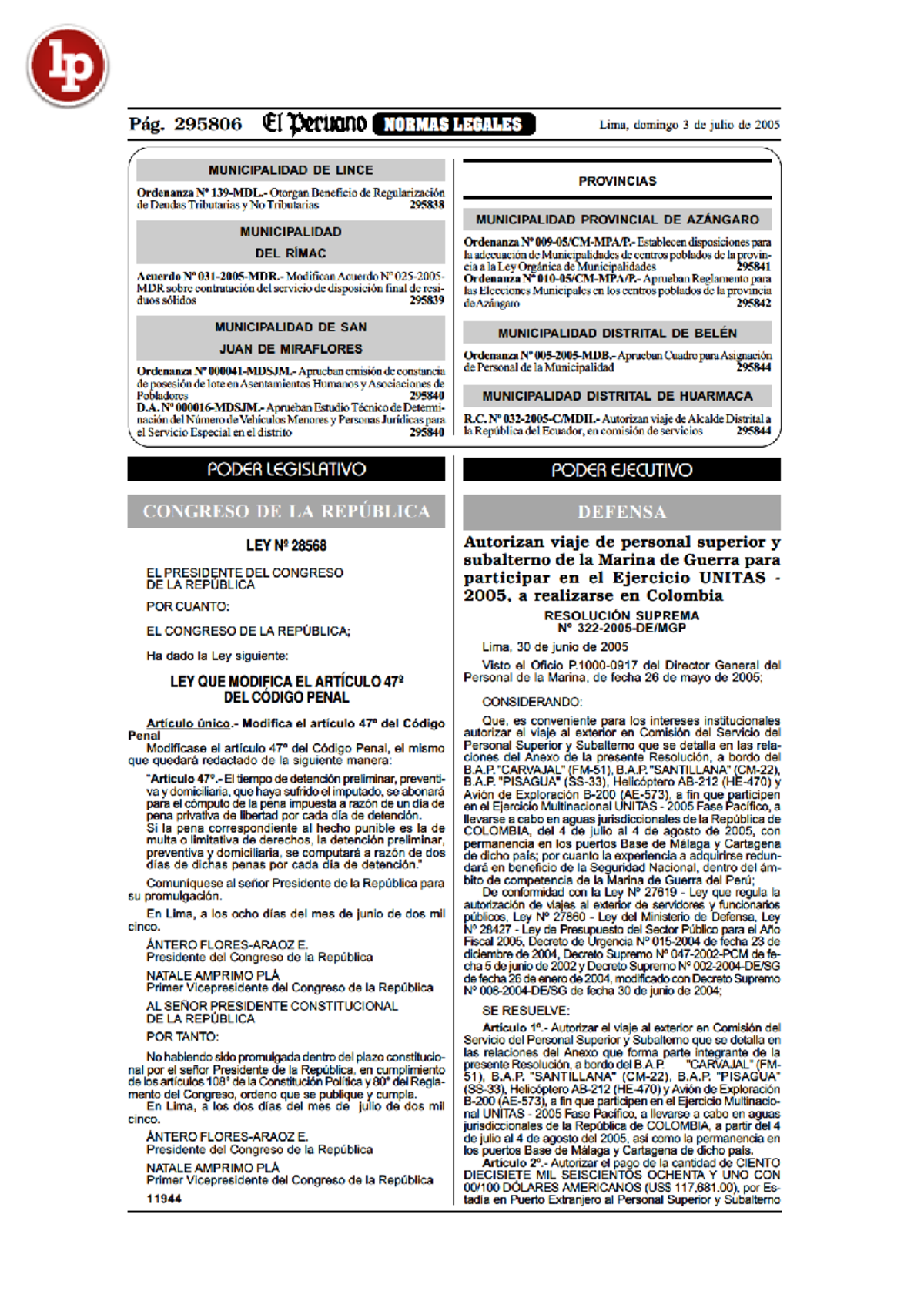 Ley 28568 LPDerecho 1 - Espero los ayude - lp Pág. 295806 El Peruano 