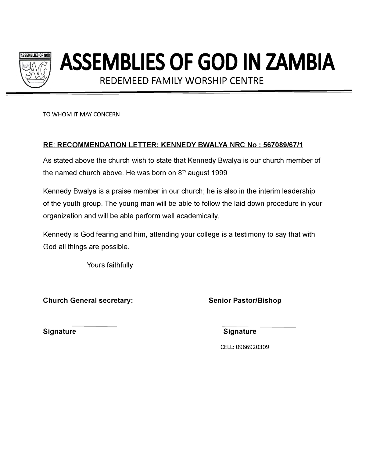 Harded Paper Assemblies OF GOD IN Zambia - REDEMEED FAMILY WORSHIP ...