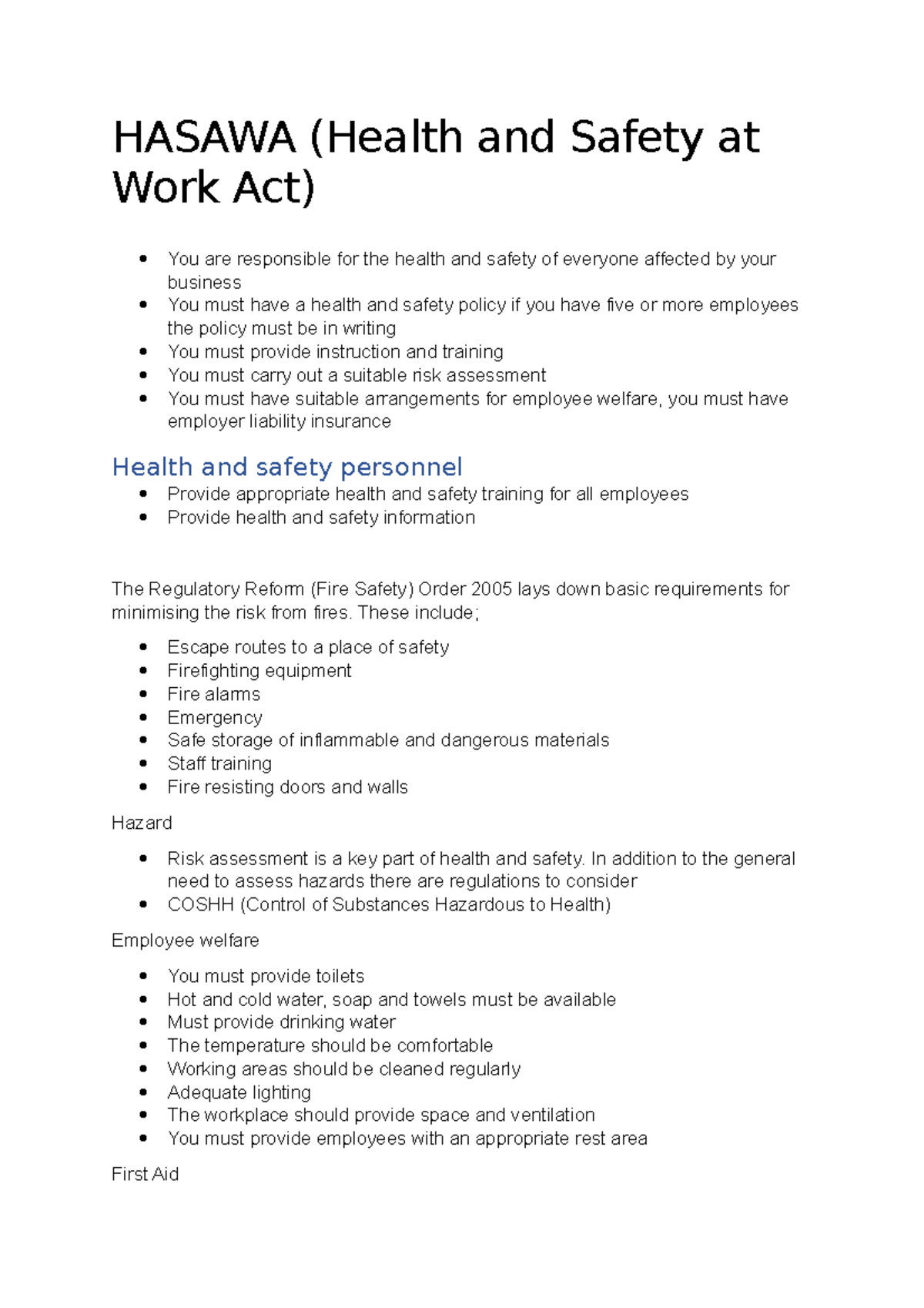 Hasawa - Lecture notes 4 - HASAWA (Health and Safety at Work Act) You ...