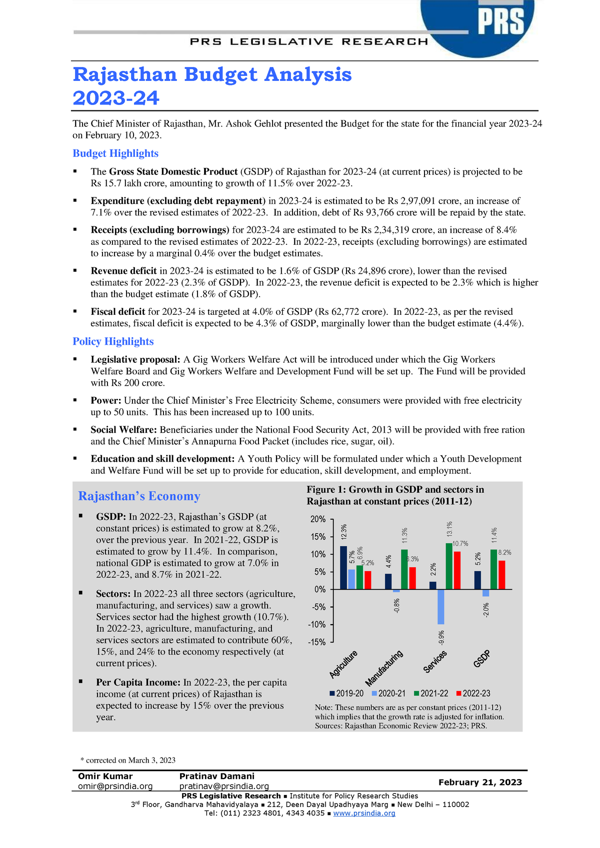 State Budget Analysis 2023-24 Rajasthan - Omir Kumar Omir@prsindia ...