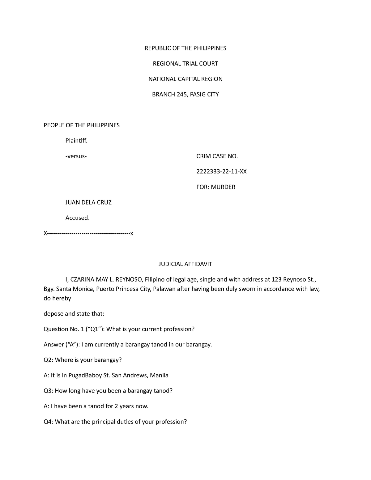 Judicial Affidavit Sample Only For Reference REPUBLIC OF THE   Thumb 1200 1553 