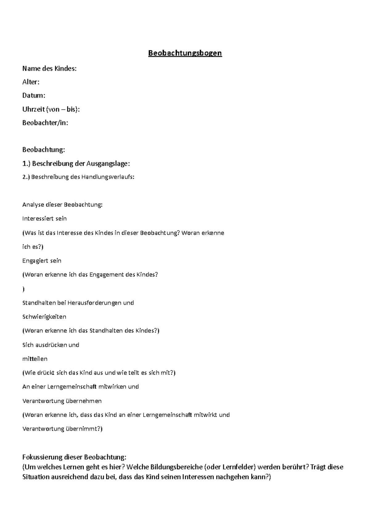 Beobachtungsbogen 3 - Beobachten freie Beobachtung - Beobachtungsbogen