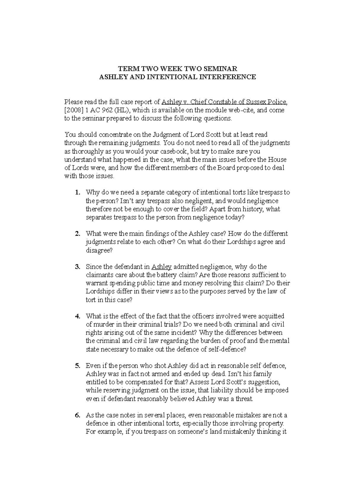 Tort Law seminars week two Intentional Interference TERM TWO WEEK TWO