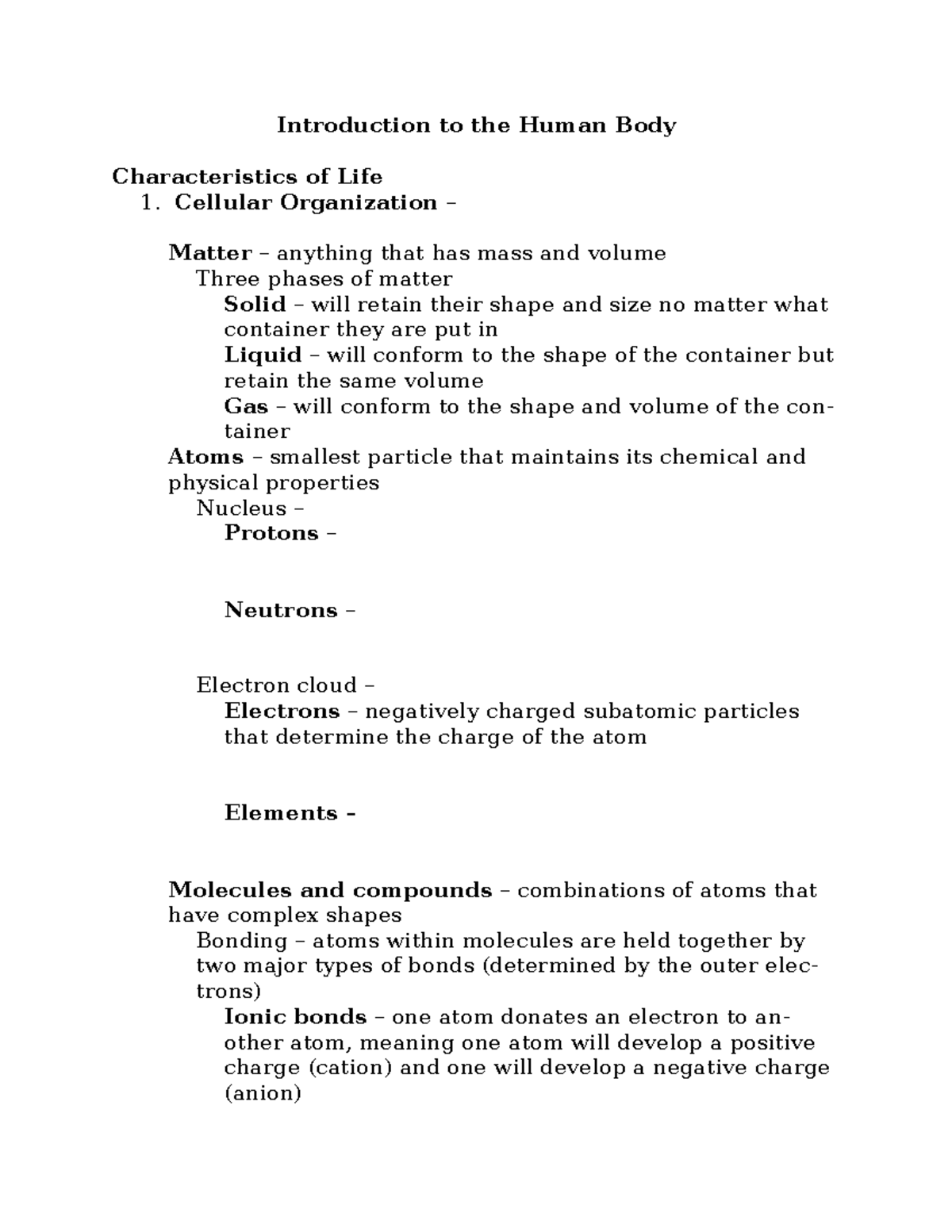 Intro to the Human Body Handou - Introduction to the Human Body ...