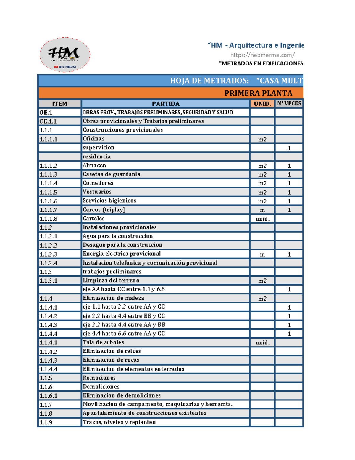 HOJA DE Metrados CASA Multifamiliar 1 - ITEM PARTIDA UNID. N° VECES OE ...