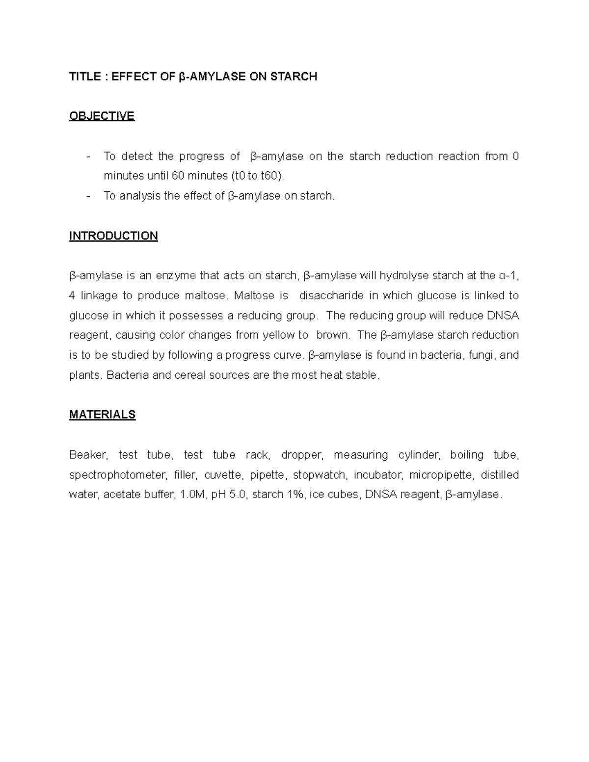 MIC180 LAB Report - lab - TITLE : EFFECT OF β-AMYLASE ON STARCH ...