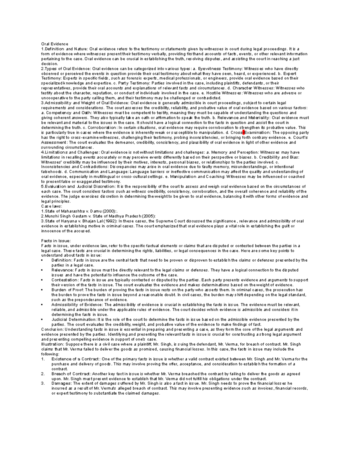 Environment law Oral Evidence 1 and Nature Oral evidence refers to