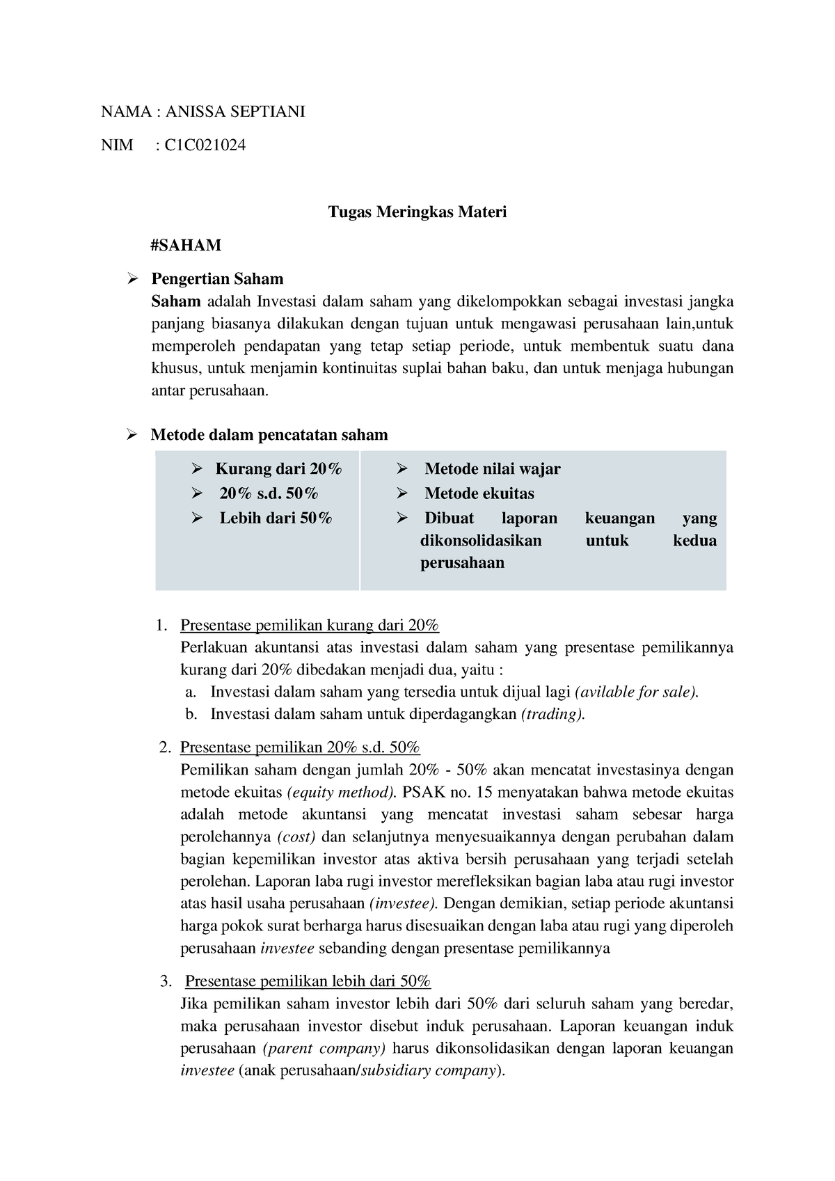 Resume Saham - Akuntansi - NAMA : ANISSA SEPTIANI NIM : C1C Tugas ...