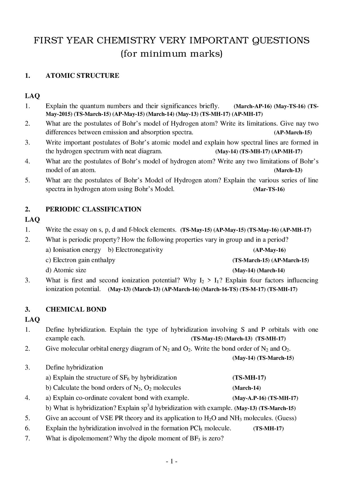 First YEAR Chemistry VERY Important Questions FIRST YEAR