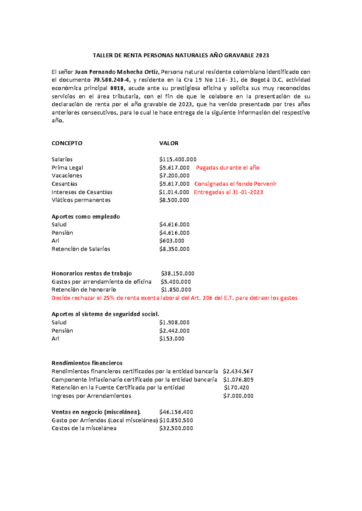 Taller 1 Renta Persona Natural 2023 - TALLER DE RENTA PERSONAS ...