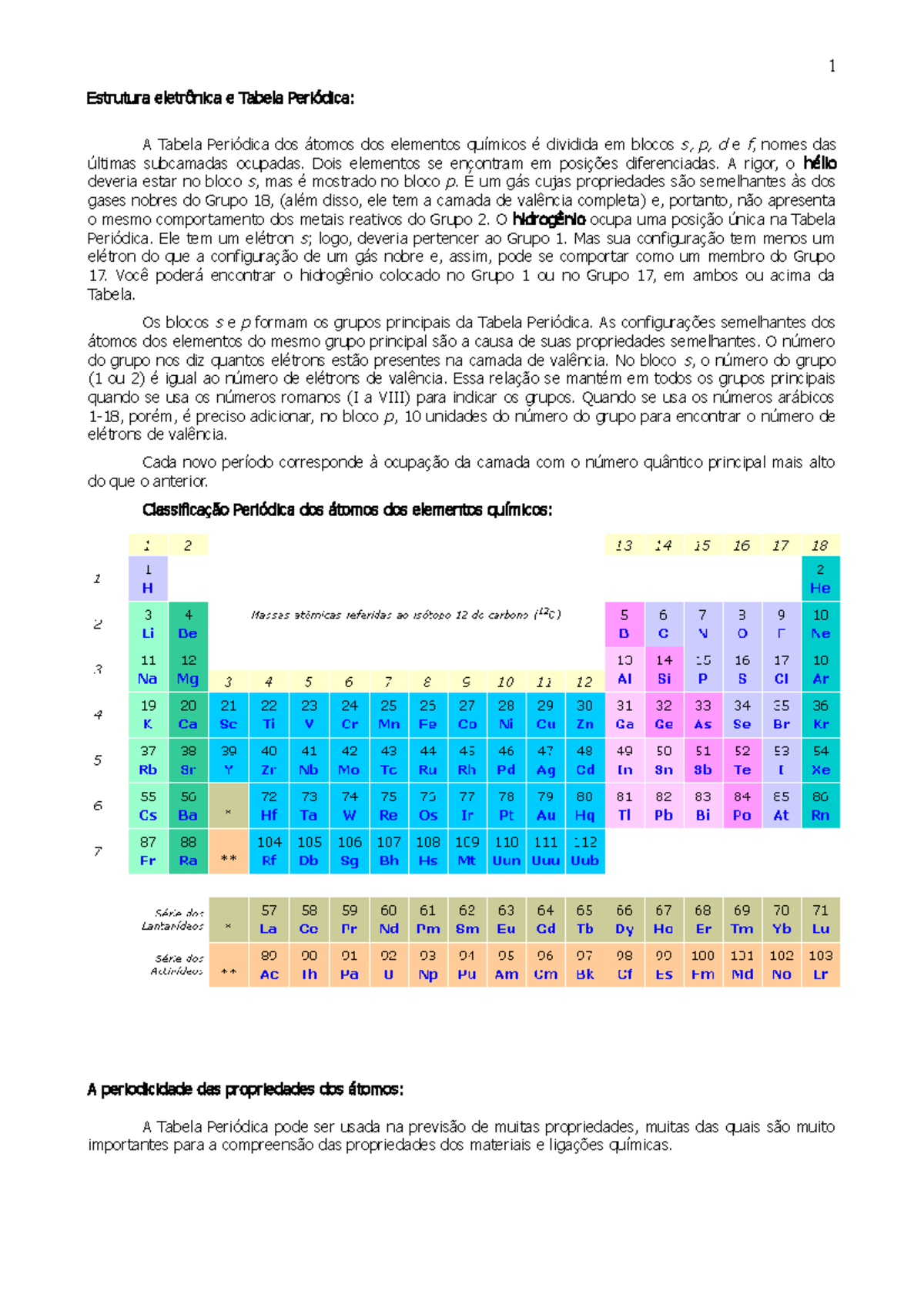 A Periodicidade das Propriedades dos Átomos - 1 Estrutura e Tabela A ...