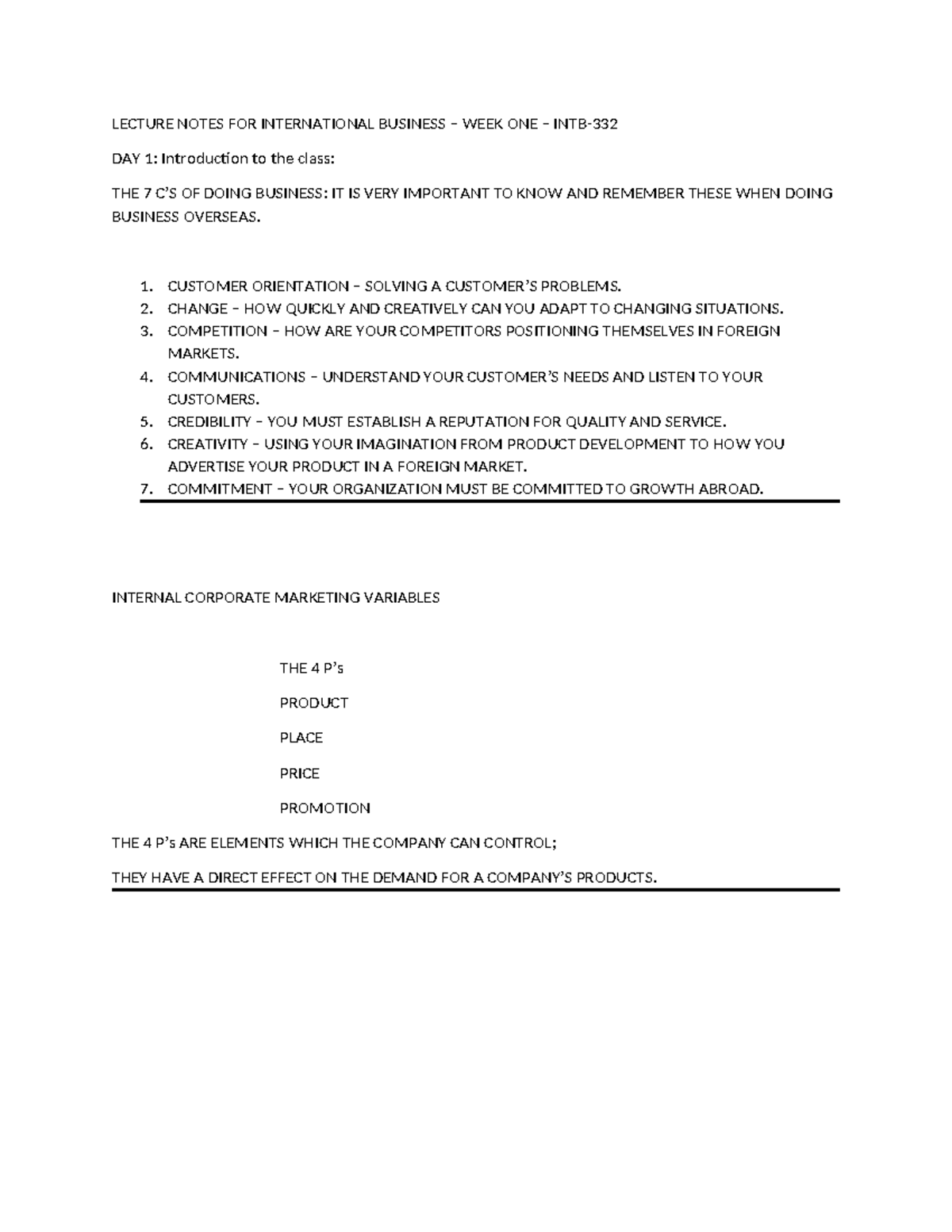 Lecture Notes For INTB-200 - WEEK ONE - LECTURE NOTES FOR INTERNATIONAL ...