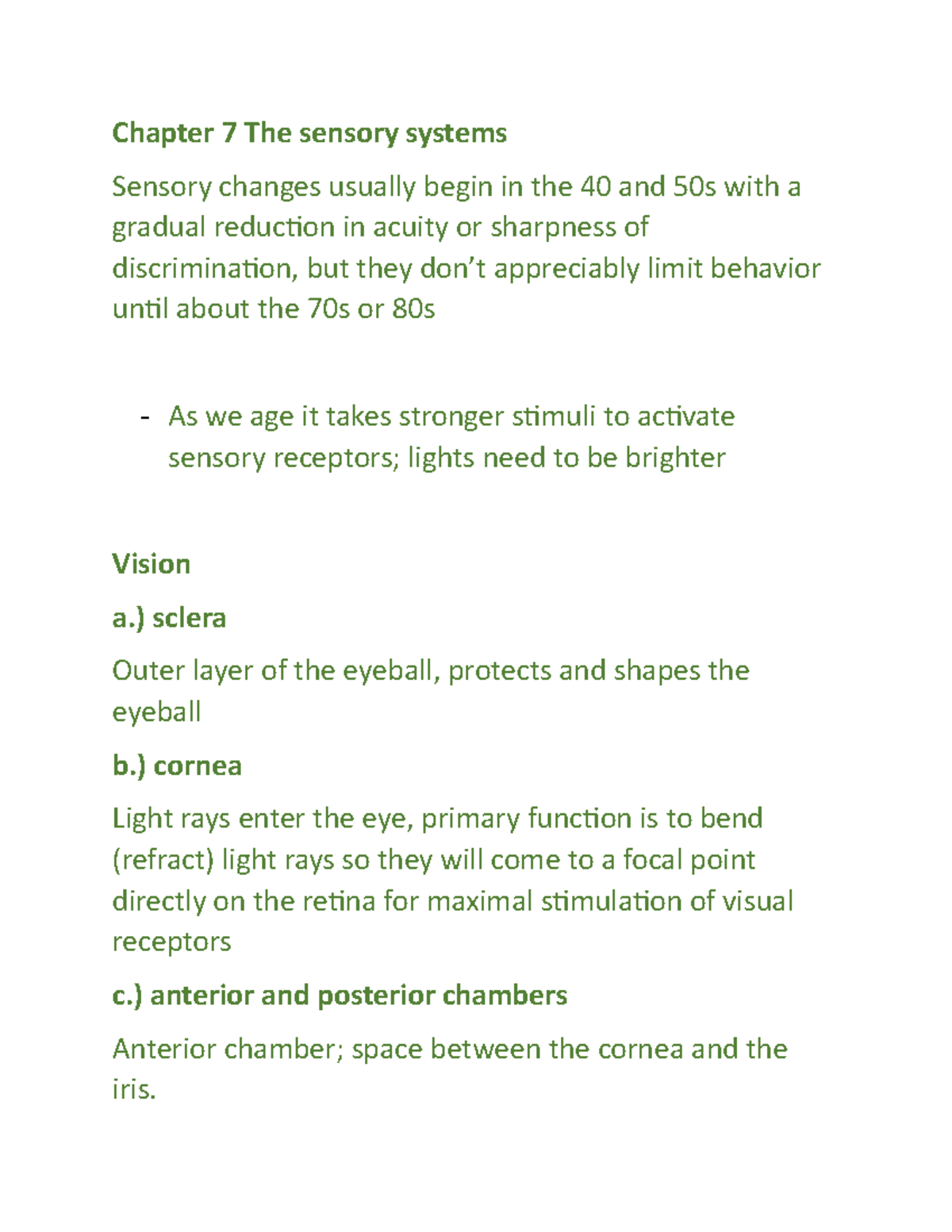 The Sensory System - Chapter 7 The Sensory Systems Sensory Changes ...