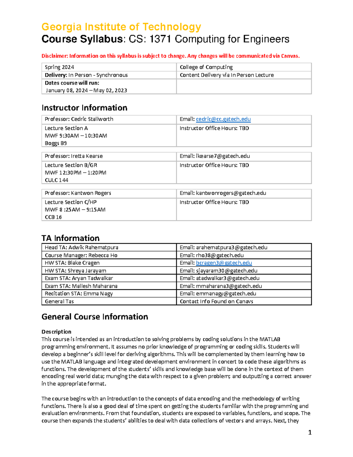 CS1371 Spring 2024 Syllabus Course Syllabus CS 1371 Computing for