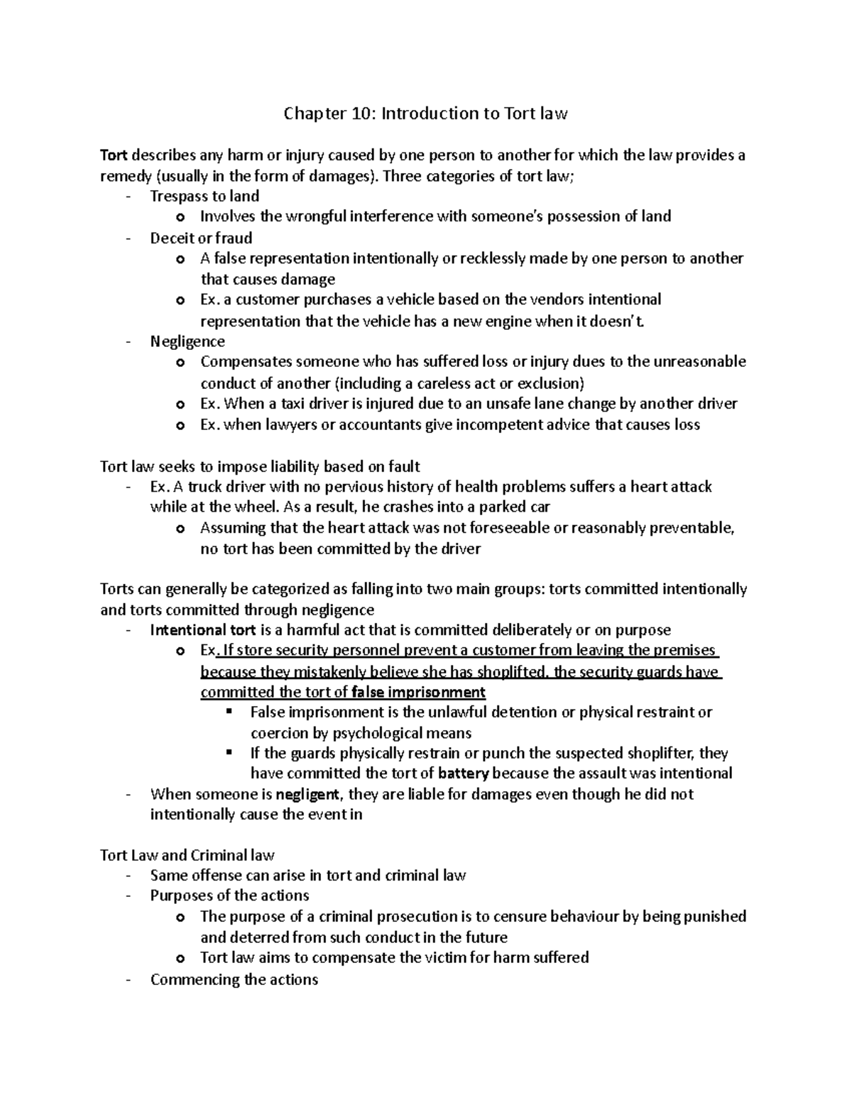Ch 10 notes - MOS 2275 ch10 - Chapter 10: Introduction to Tort law Tort ...