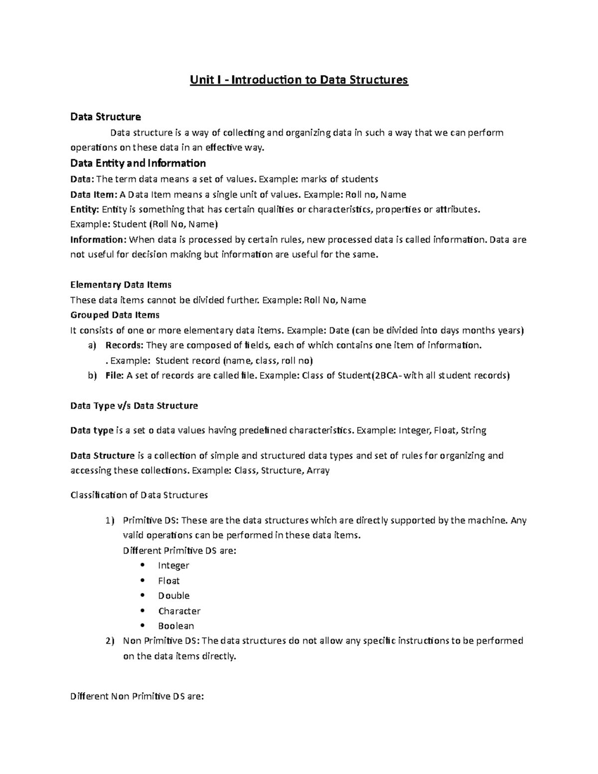 Unit I - Complimentary notes - Unit I - Introduction to Data Structures ...