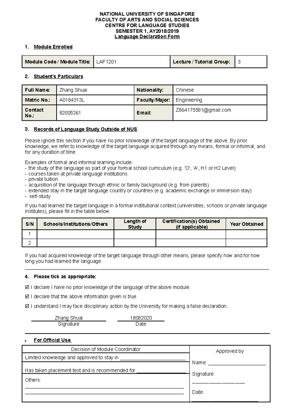 Declarationform Prior Knowledge - NATIONAL UNIVERSITY OF SINGAPORE ...