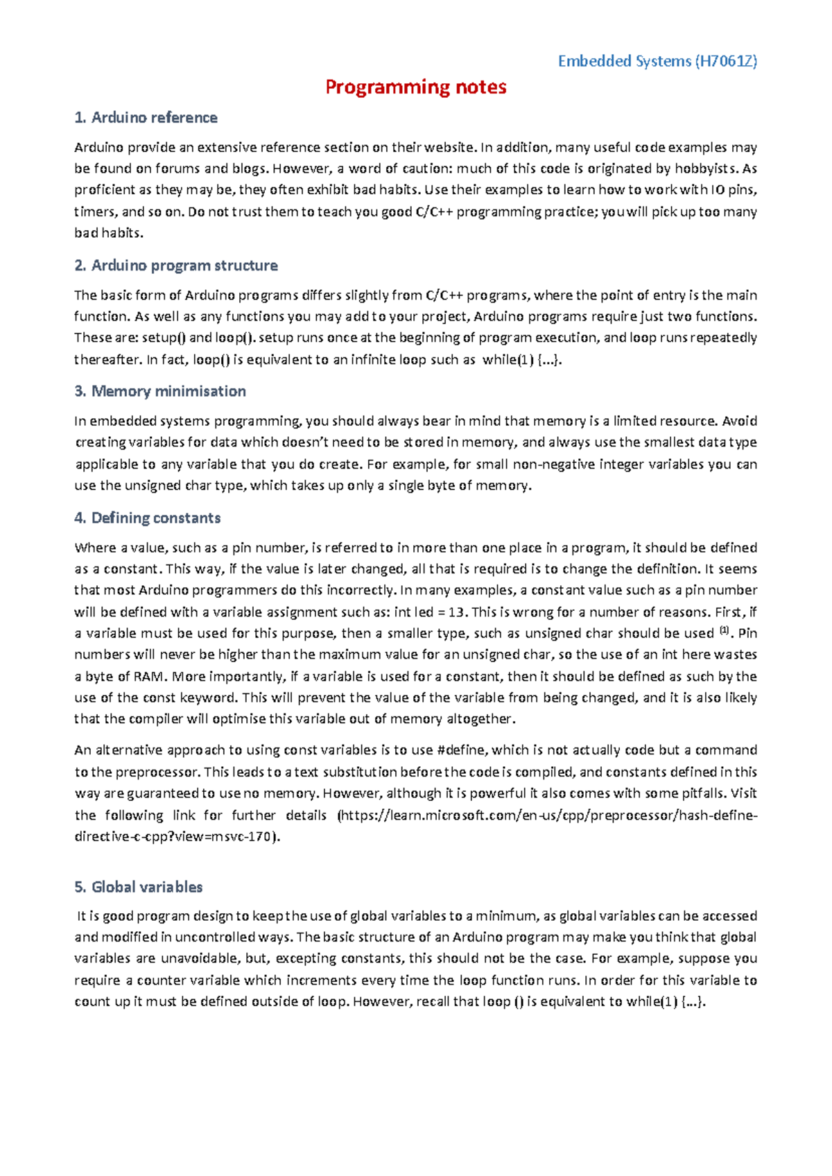 Programming notes - lab programing note - Embedded Systems (H7061Z ...