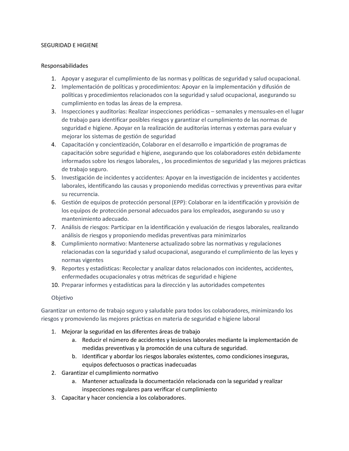 Seguridad E Higiene Descriptivo De Puesto Seguridad E Higiene Responsabilidades 1 Apoyar Y 6624