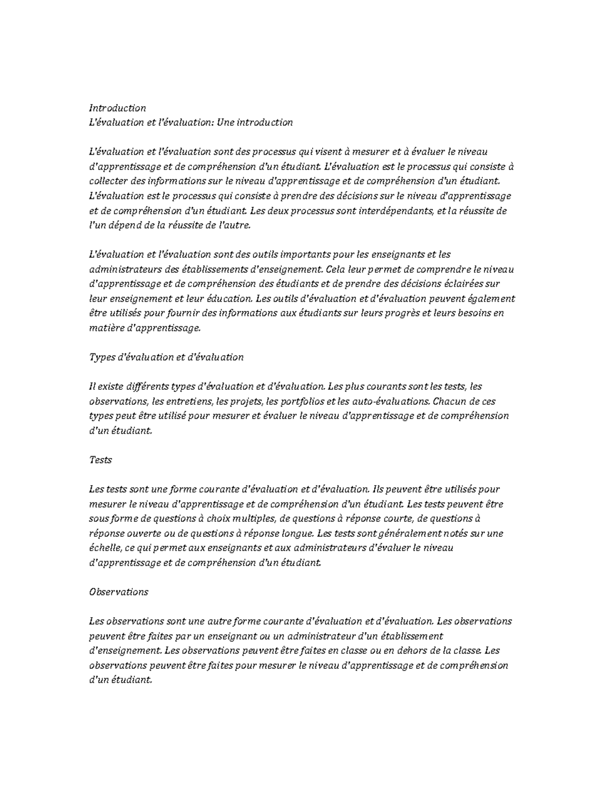 Assessment and Evaluation note study - Introduction L'évaluation et l ...