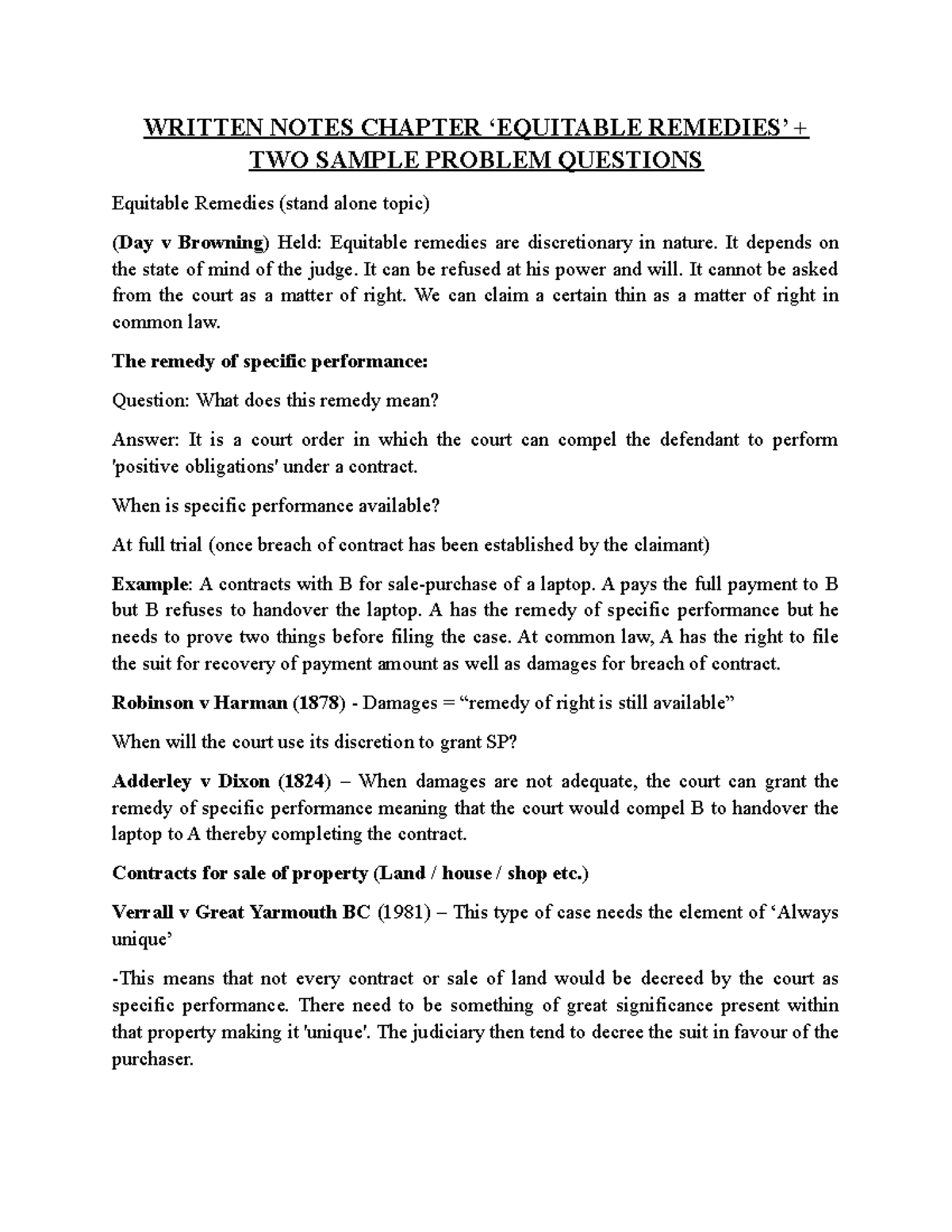 Written Notes On Chapter Equitable Remedies And Two Sample Problem Problem Questions Written Notes Studocu