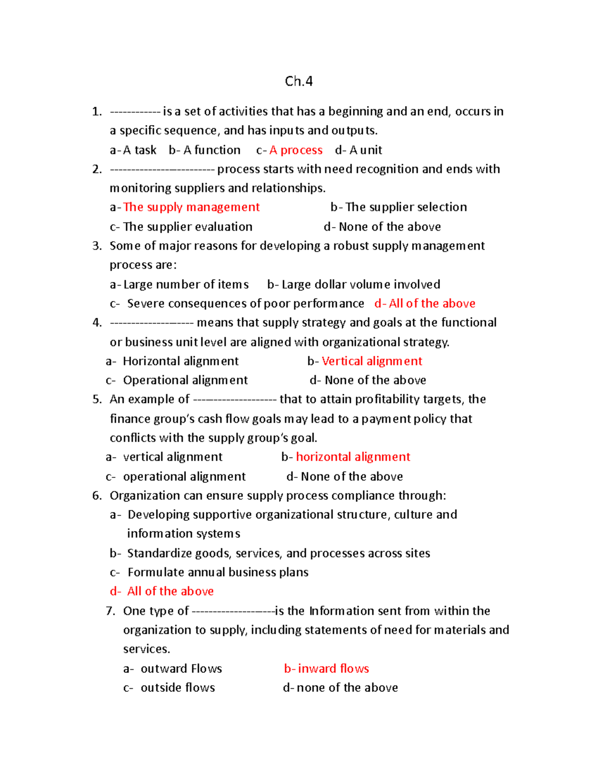 TB ch4 - Test bank chapter 4 - Ch. 1. - is a set of activities that has ...