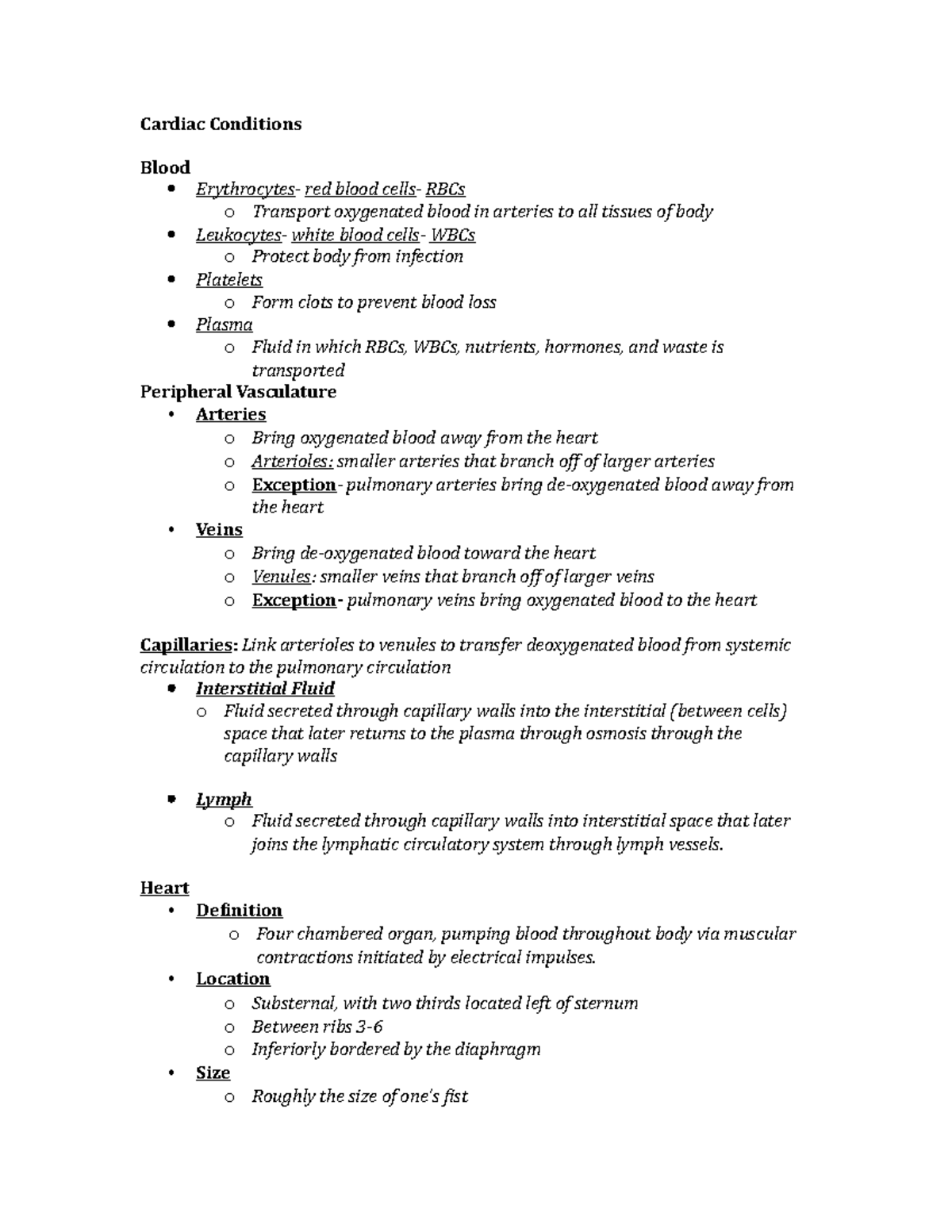 Cardiac Conditions - Lecture notes 3 - Cardiac Conditions Blood ...
