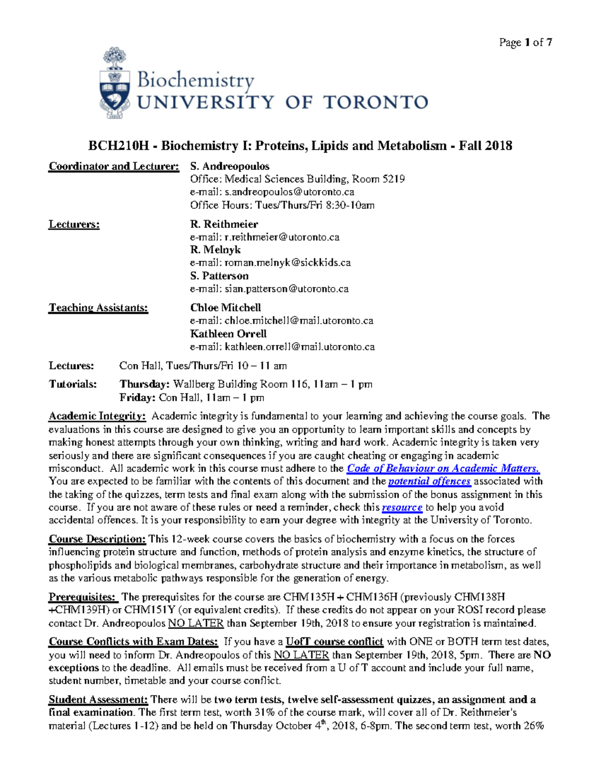 Bch210h Fall 2018 Syllabus Page 1 Of 7 Bch210h Biochemistry I Proteins Lipids And 3851