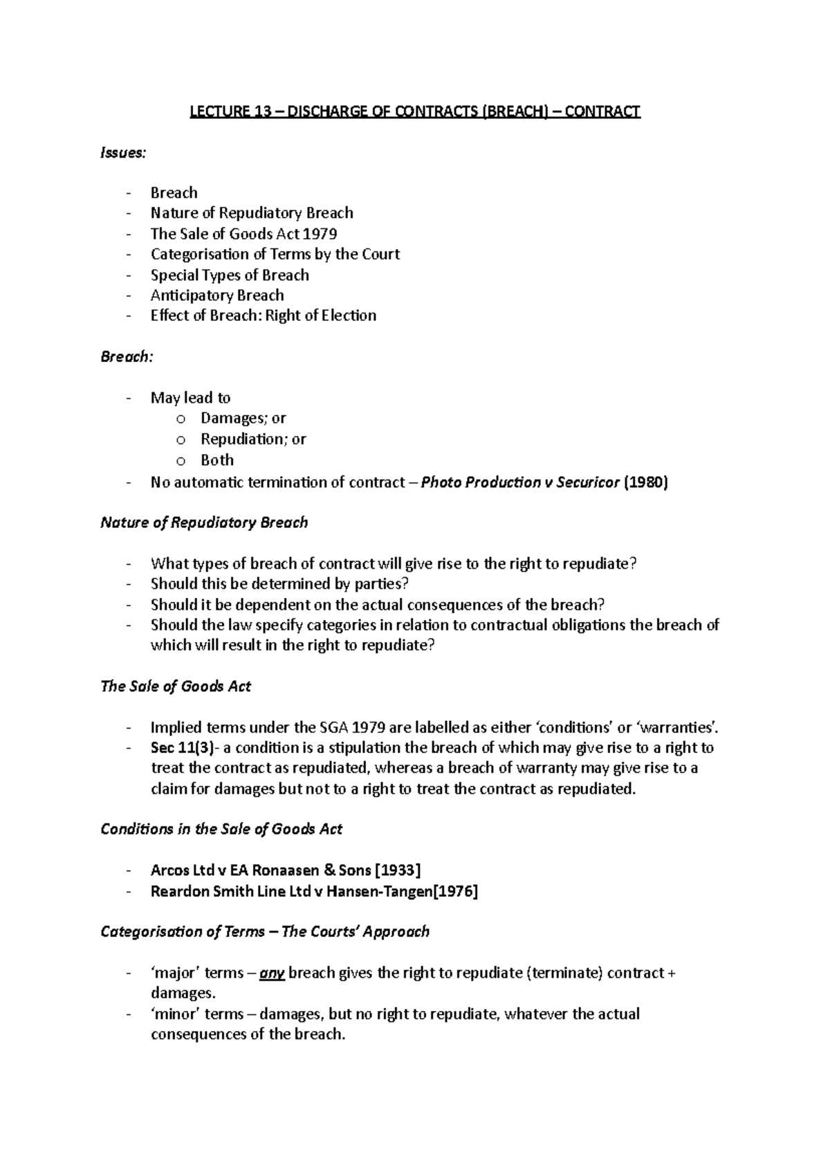 SEM 2, Lecture 13 - Discharge Of Contracts (Breach) - Contract ...