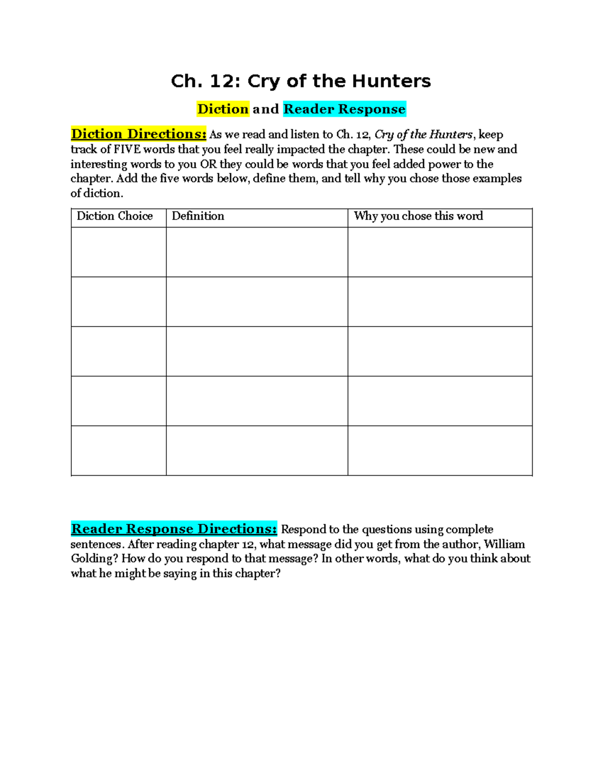 LOTF Chapter 9 - ddhdh - Ch. 12: Cry of the Hunters Diction and Reader ...