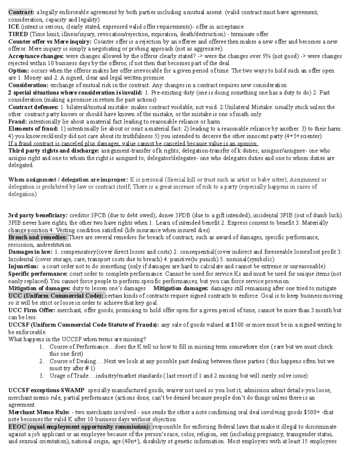 Law Final - Contract: a legally enforceable agreement by both parties ...
