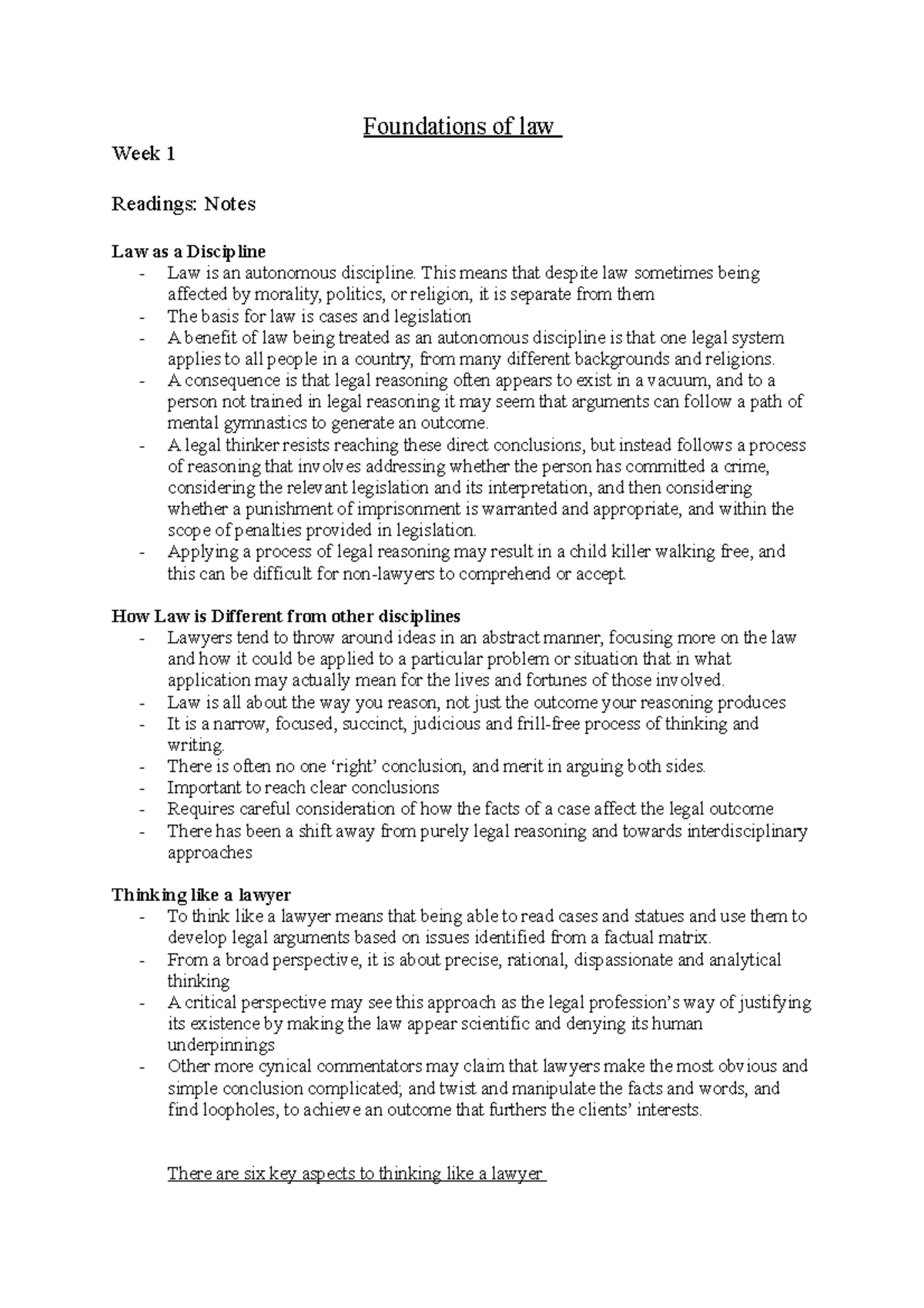 Foundations of law notes- week 1 - Foundations of law Week 1 Readings ...