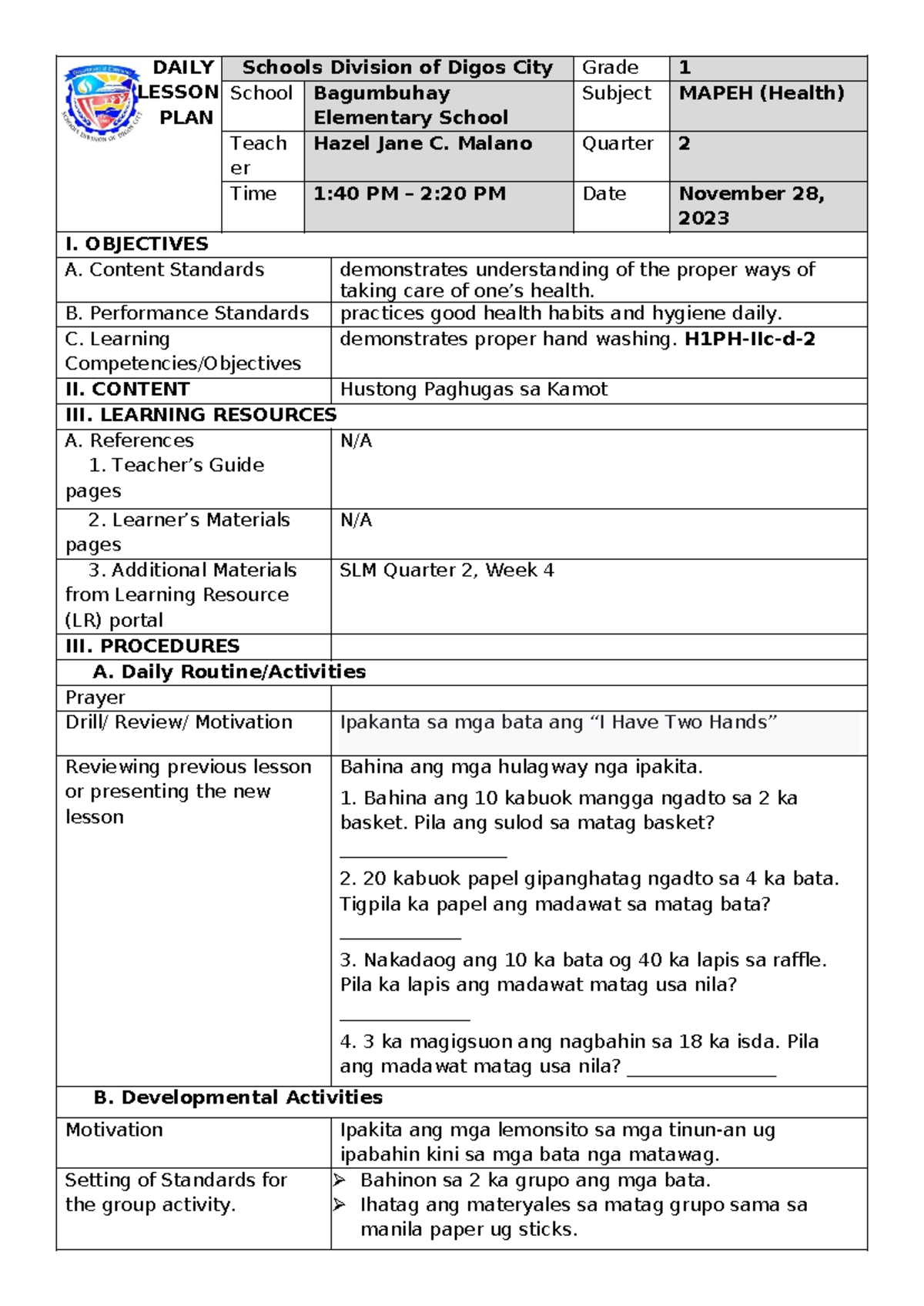 DLP MATH Q2 W4 - Daily Lesson Plan in Mathematics 1 Quarter 2, Week 4 ...