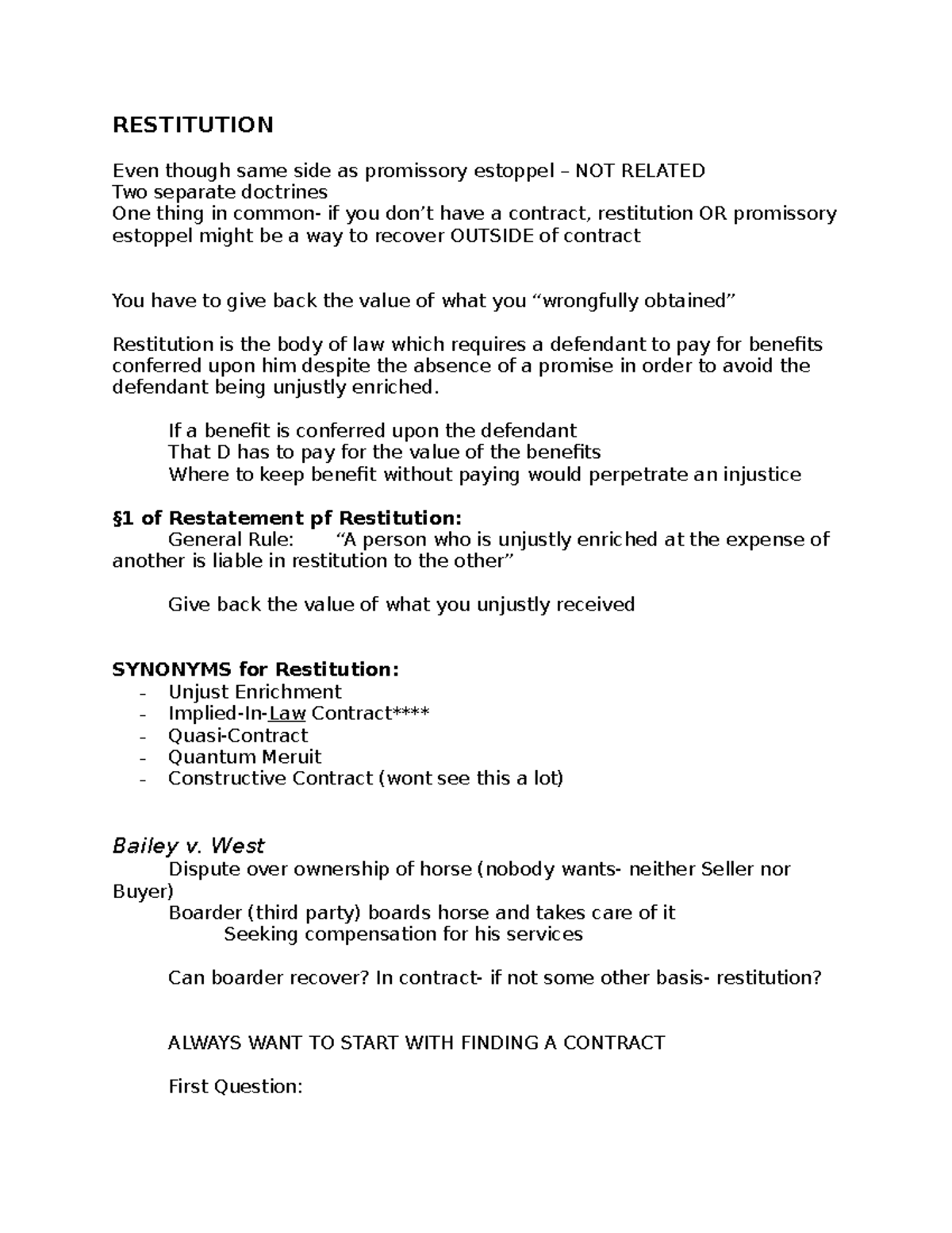 Restitution- Contracts Law 1L Year Notes - RESTITUTION Even Though Same ...