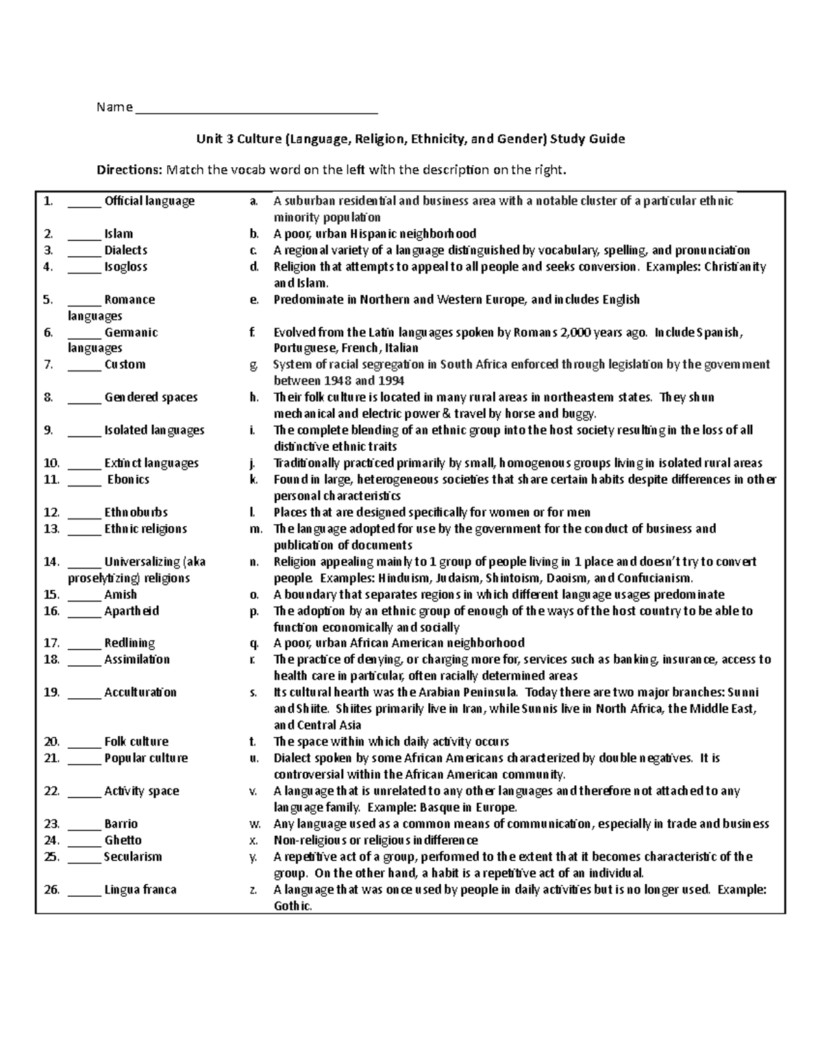 Study Guide For Culture - Name Unit 3 Culture (Language, Religion ...