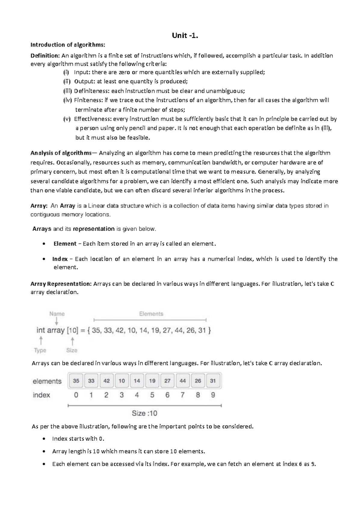 Notes 1 - Unit - 1. Introduction of algorithms: Definition: An ...
