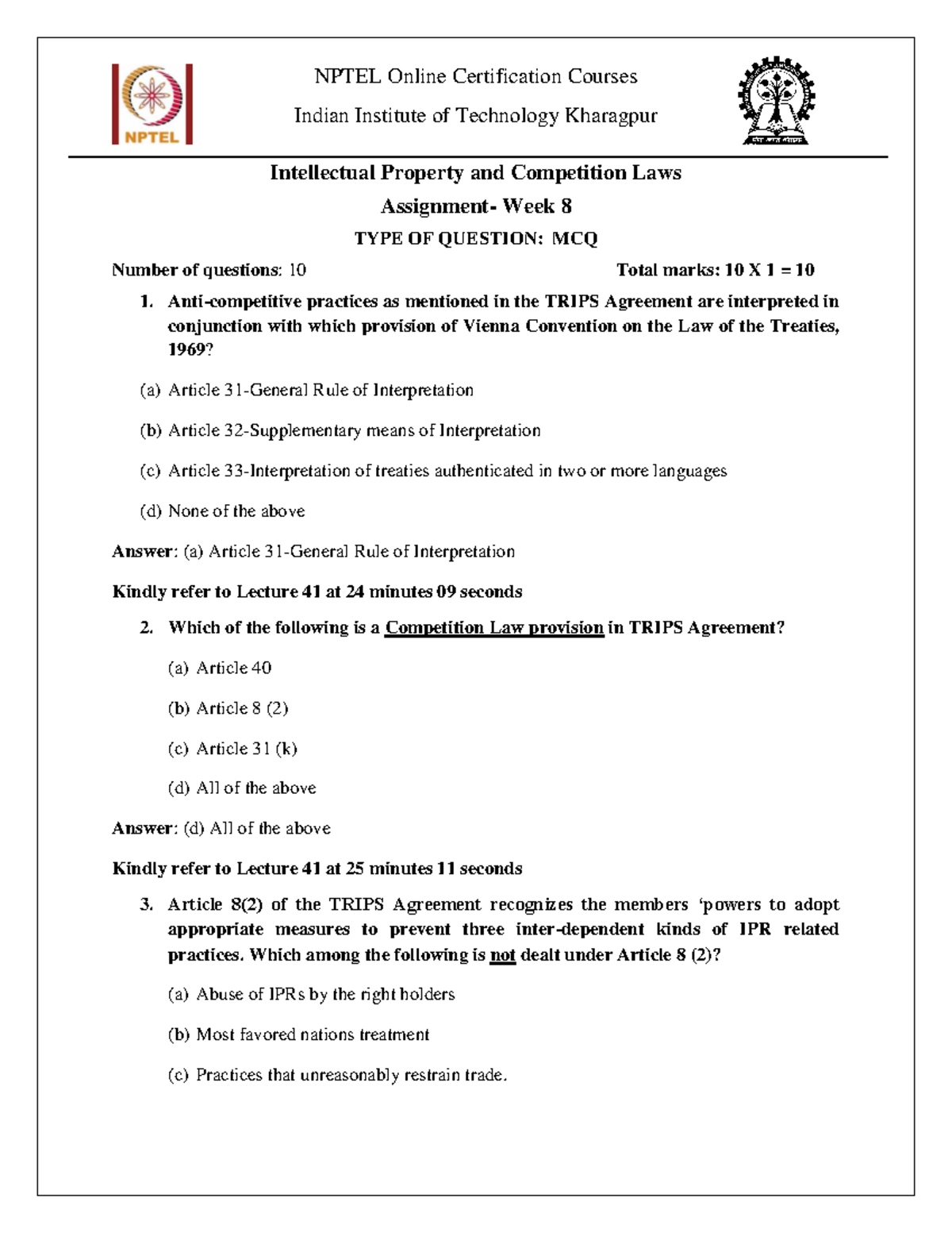 Assignment Week 8 -corrected - Indian Institute Of Technology Kharagpur ...