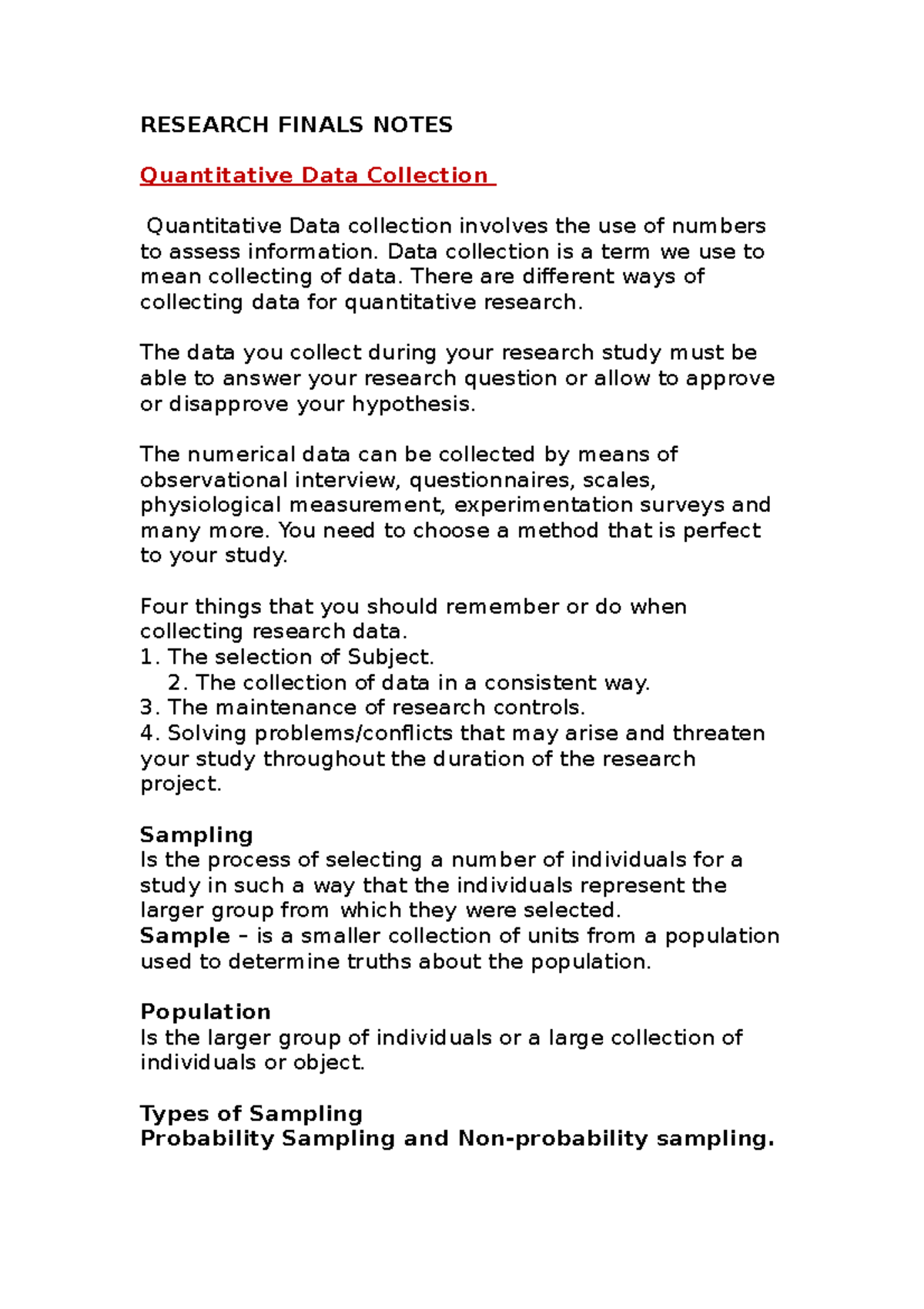 Research Finals Notes RESEARCH FINALS NOTES Quantitative Data