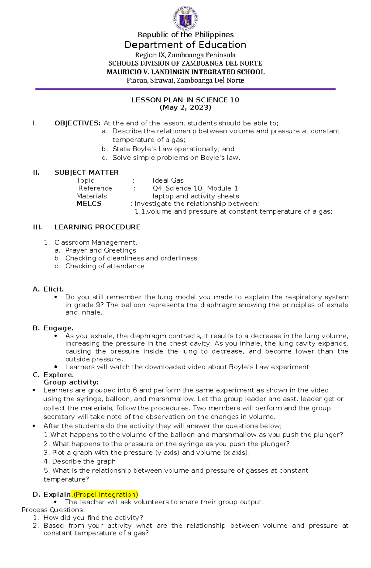 Science Lesson Plan 10 DAY 1 - Republic of the Philippines Department ...