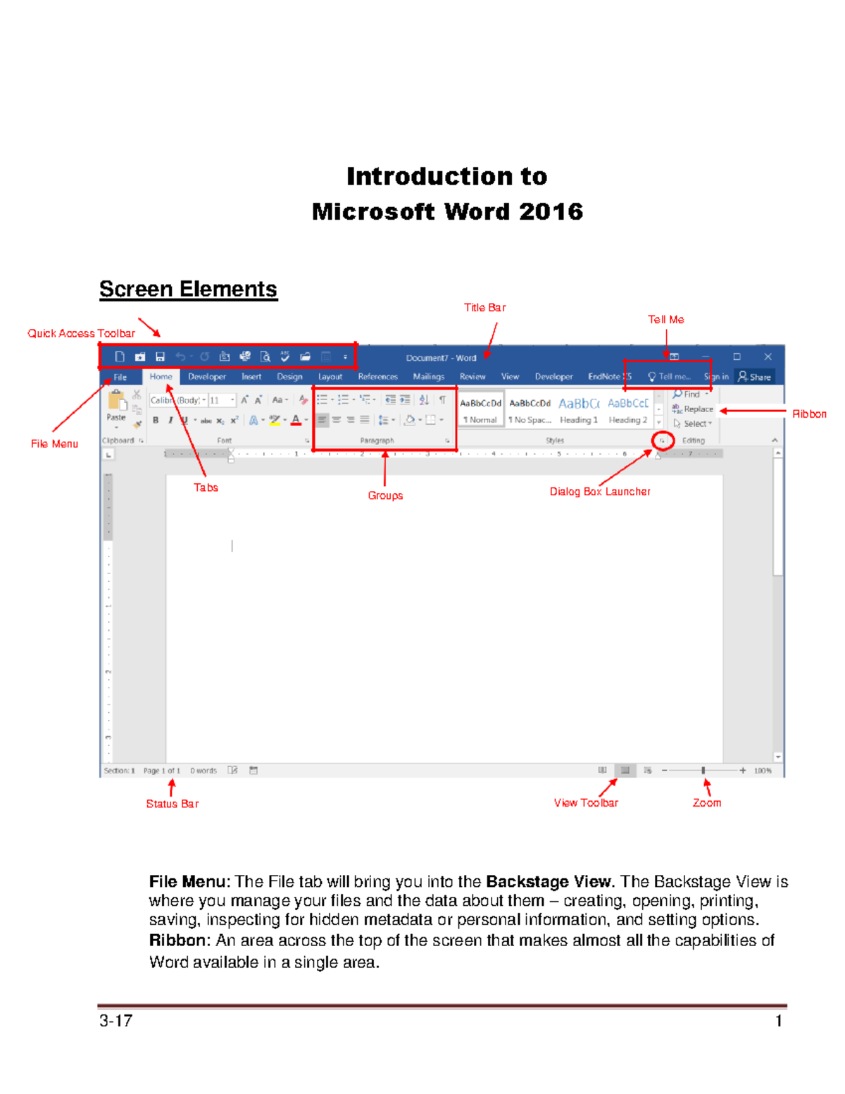Introduction To Word 2016 Introduction To Microsoft Word 2016 Screen 