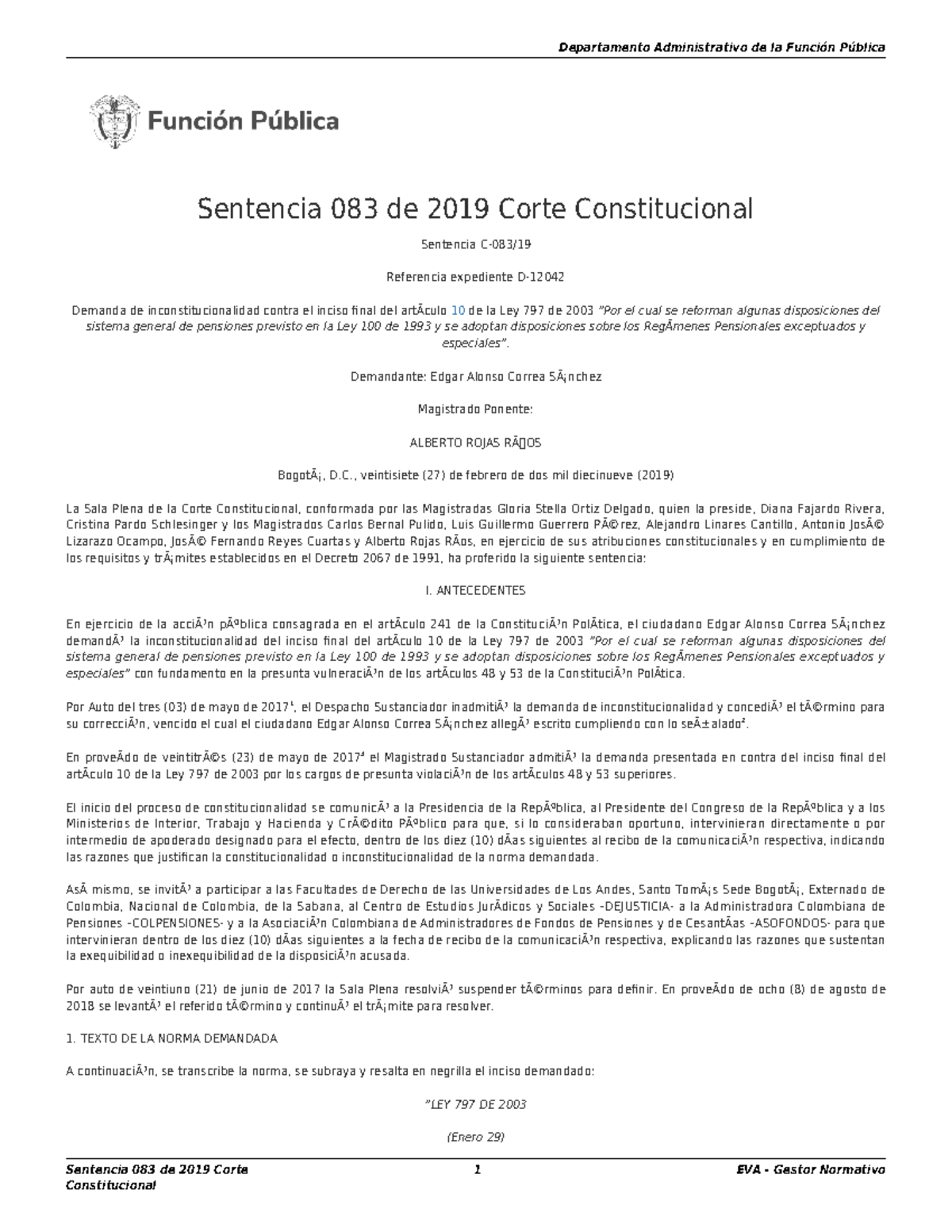 Sentencia 083 de 2019 Corte Constitucional - Sentencia 083 de 2019