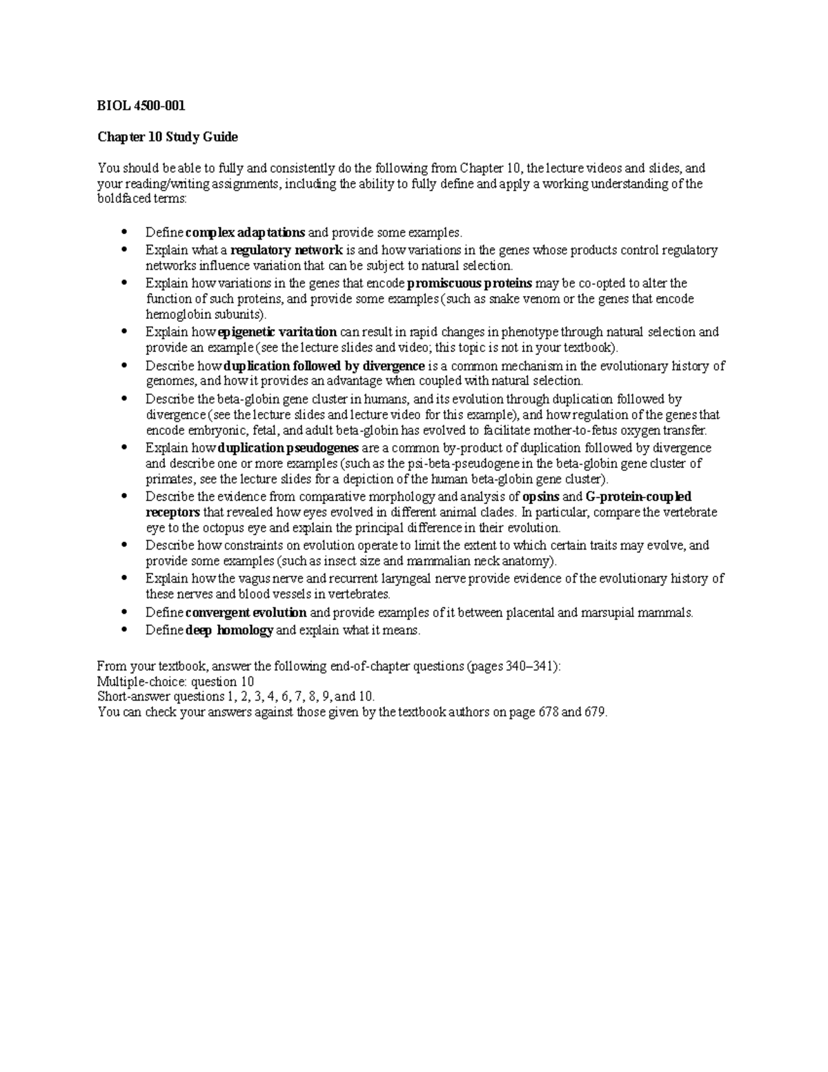 Chapter 10 Study Guide BIOL 4500 Chapter 10 Study Guide You should