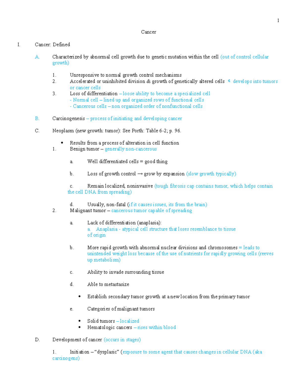 Cancer 2022 Notes - Cancer I. Cancer: Defined A. Characterized by ...