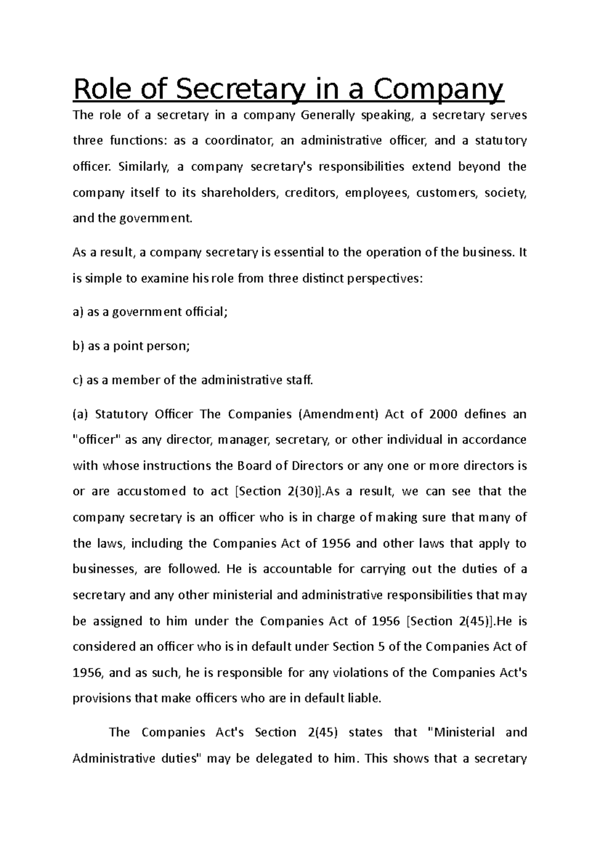 Role of Secretary in a Company - Similarly, a company secretary's ...