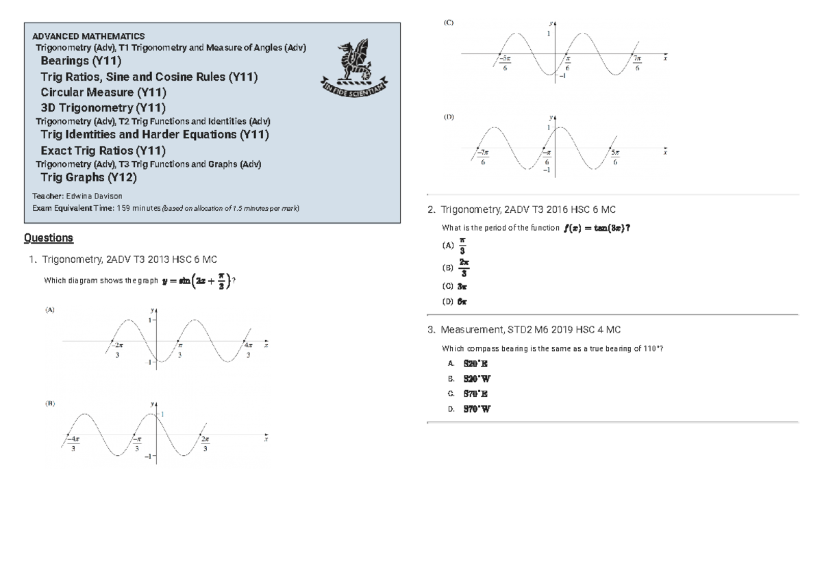 Trig excl applications 5&6 - 1. Trigonometry, 2ADV T3 2013 HSC 6 MC ...