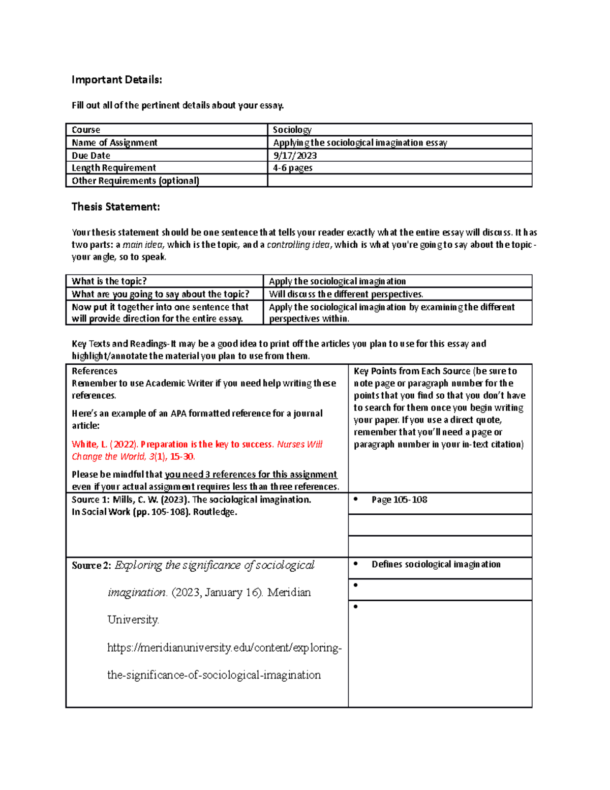 Essay Plan - unit 7 - Important Details: Fill out all of the pertinent ...